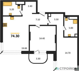 Планировка двухкомнатной(квартира) площадью 74.3 квадратных метров в ЖК “Кутузов Сити”