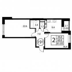 Планировка двухкомнатной(квартира) площадью 61 квадратных метров в ЖК “ЖК Космос”