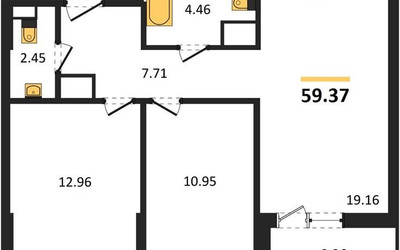 Планировка двухкомнатной(квартира) площадью 59.37 квадратных метров в ЖК “ЖК Светлый мир Станция Л”