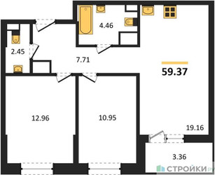 Планировка двухкомнатной(квартира) площадью 59.37 квадратных метров в ЖК “ЖК Светлый мир Станция Л”