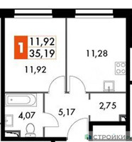 Планировка однокомнатной(апартаменты) площадью 35.19 квадратных метров в “ЖК Движение. Говорово”