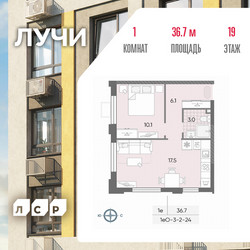 Планировка однокомнатной(квартира) площадью 36.7 квадратных метров в ЖК “ЖК Лучи”