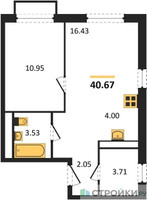 Планировка однокомнатной(квартира) площадью 40.67 квадратных метров в “ЖК Квартал Румянцево (МелиСад)”