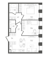 Планировка двухкомнатной(квартира) площадью 56.4 квадратных метров в “ЖК Pave (Пэйв)”