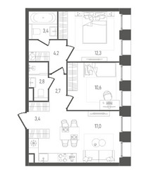 Планировка двухкомнатной(квартира) площадью 56.4 квадратных метров в ЖК “ЖК Pave (Пэйв)”