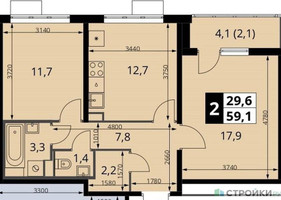 Планировка двухкомнатной(квартира) площадью 59.1 квадратных метров в “ЖК ЮЖНАЯ БИТЦА”