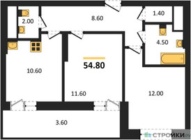 Планировка двухкомнатной(квартира) площадью 54.8 квадратных метров в “ЖК Рассказово”
