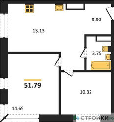 Планировка двухкомнатной(квартира) площадью 51.79 квадратных метров в ЖК “ЖК Цветочные Поляны Сити”