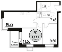Планировка двухкомнатной(квартира) площадью 52.82 квадратных метров в “ЖК Солнечный парк”