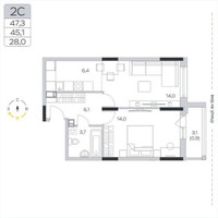 Планировка однокомнатной(квартира) площадью 45.4 квадратных метров в “ЖК Пироговская Ривьера”