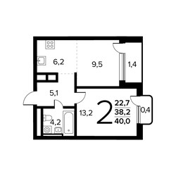 Планировка двухкомнатной(квартира) площадью 40 квадратных метров в ЖК “Новые Ватутинки. Заречный”