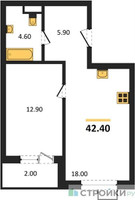 Планировка однокомнатной(квартира) площадью 42.4 квадратных метров в “ЖК Foreville (Форевилль)”