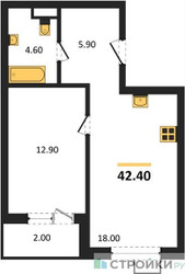 Планировка однокомнатной(квартира) площадью 42.4 квадратных метров в ЖК “ЖК Foreville (Форевилль)”