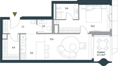 Планировка двухкомнатной(квартира) площадью 68.1 квадратных метров в ЖК “ЖК Springs (Спрингс)”