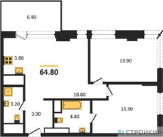 Планировка двухкомнатной(квартира) площадью 64.8 квадратных метров в “ЖК VERY на Миклухо-Маклая (Вери на Миклухо-Маклая)”