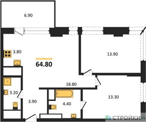 Планировка двухкомнатной(квартира) площадью 65.7 квадратных метров в ЖК “ЖК VERY на Миклухо-Маклая (Вери на Миклухо-Маклая)”