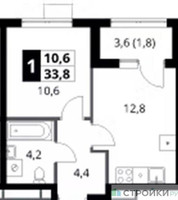 Планировка однокомнатной(квартира) площадью 33.8 квадратных метров в “ЖК 1-й Ясеневский (Первый Ясеневский)”
