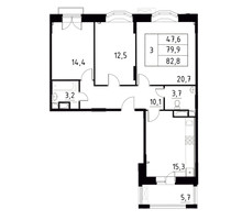 Планировка трехкомнатной(квартира) площадью 82.8 квадратных метров в “ЖК Город-событие Лайково”