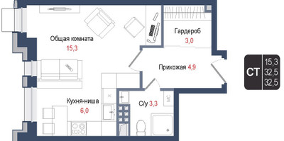 Планировка студии(квартира) площадью 32.5 квадратных метров в “ЖК КИНОКВАРТАЛ”