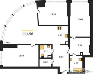 Планировка трехкомнатной(квартира) площадью 111.56 квадратных метров в ЖК “ЖК Солос”