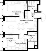 Планировка двухкомнатной(квартира) площадью 61.9 квадратных метров в “ЖК Сити Бэй”