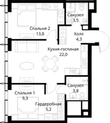 Планировка двухкомнатной(квартира) площадью 61.9 квадратных метров в ЖК “ЖК Сити Бэй”