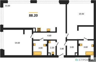 Планировка двухкомнатной(квартира) площадью 88.2 квадратных метров в ЖК “ЖК СТОУН Грэйн”