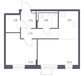 Планировка однокомнатной(квартира) площадью 46.79 квадратных метров в ЖК “ЖК Квартал Западный”