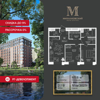 Планировка трехкомнатной(квартира) площадью 65.6 квадратных метров в “ЖК Михалковский”