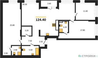 Планировка трехкомнатной(квартира) площадью 124.4 квадратных метров в “ЖК Первый квартал”