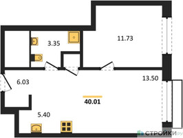 Планировка однокомнатной(квартира) площадью 40.01 квадратных метров в “ЖК LIFE Варшавская”