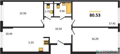 Планировка трехкомнатной(квартира) площадью 80.53 квадратных метров в ЖК “ЖК Остафьево”