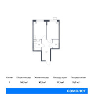 Планировка однокомнатной(квартира) площадью 38.3 квадратных метров в “ЖК Цветочные Поляны”