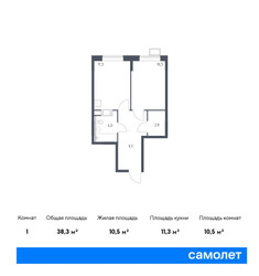 Планировка однокомнатной(квартира) площадью 38.3 квадратных метров в ЖК “ЖК Цветочные Поляны”