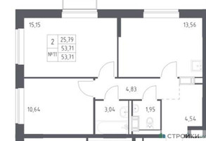 Планировка двухкомнатной(квартира) площадью 53.71 квадратных метров в “ЖК Томилино Парк”