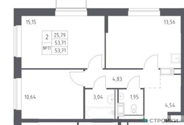Планировка двухкомнатной(квартира) площадью 53.71 квадратных метров в ЖК “ЖК Томилино Парк”