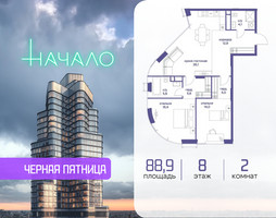Планировка двухкомнатной(квартира) площадью 88.9 квадратных метров в “ЖК Начало”
