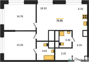 Планировка двухкомнатной(квартира) площадью 72 квадратных метров в ЖК “ЖК EvoPark Сокольники”