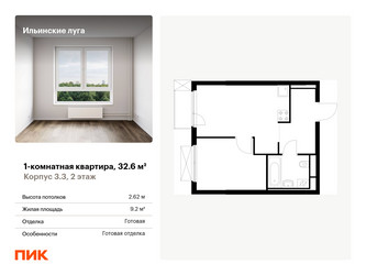 Планировка однокомнатной(квартира) площадью 32.6 квадратных метров в ЖК “ЖК Ильинские луга”