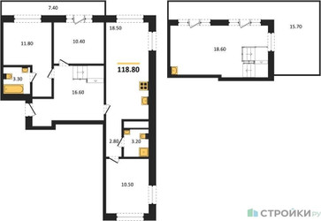 Планировка трехкомнатной(квартира) площадью 118.8 квадратных метров в ЖК “ЖК Квартал Метроном”