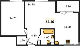 Планировка однокомнатной(квартира) площадью 54.4 квадратных метров в “ЖК Режиссер”