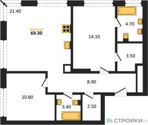 Планировка двухкомнатной(квартира) площадью 69.3 квадратных метров в “ЖК Portland (Портланд)”