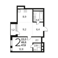 Планировка двухкомнатной(квартира) площадью 47.8 квадратных метров в “Новые Ватутинки. Заречный”
