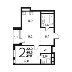 Планировка двухкомнатной(квартира) площадью 47.8 квадратных метров в ЖК “Новые Ватутинки. Заречный”