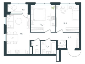 Планировка двухкомнатной(квартира) площадью 61.7 квадратных метров в ЖК “ЖК Level Лесной”