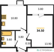 Планировка однокомнатной(квартира) площадью 34.5 квадратных метров в “ЖК Первый Лермонтовский”