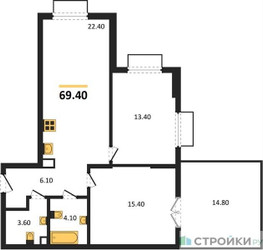 Планировка двухкомнатной(квартира) площадью 69.7 квадратных метров в “ЖК ParkSide (Парксайд)”
