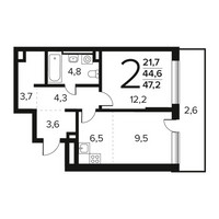 Планировка двухкомнатной(квартира) площадью 47.2 квадратных метров в “Новые Ватутинки. Заречный”