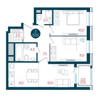 Планировка двухкомнатной(квартира) площадью 57 квадратных метров в “ЖК РУСИЧ-Кантемировский”