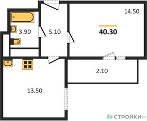 Планировка однокомнатной(квартира) площадью 40.3 квадратных метров в ЖК “ЖК Большое Путилково”